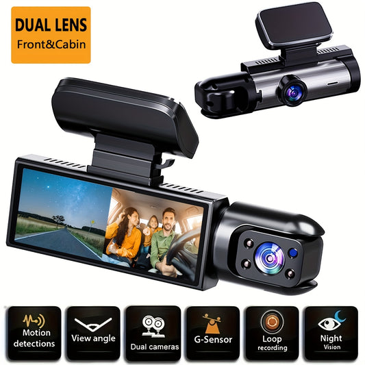 Dual Front and Inside Car Dash Camera with, G-Sensor, Loop Recording, Night Vision, Motion Detection, Parking Monitoring - Dashboard and Cabin Viewing, Compatible with PC, Hardwiring Powered - for Taxi, Truck, SUV, S