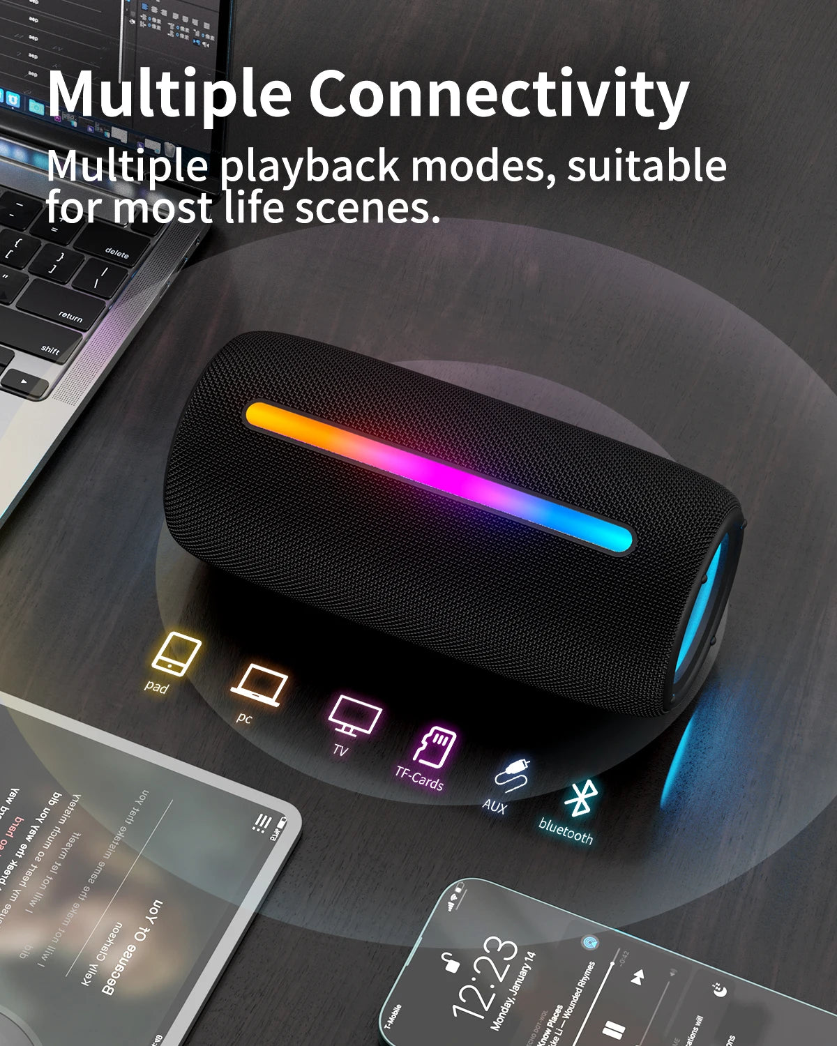 F26 Wireless Bluetooth Speaker V5.3 RGB Lights 10W HD Sound IPX5 Waterproof True Wireless Pairing USB TF Card for Travel Outdoor