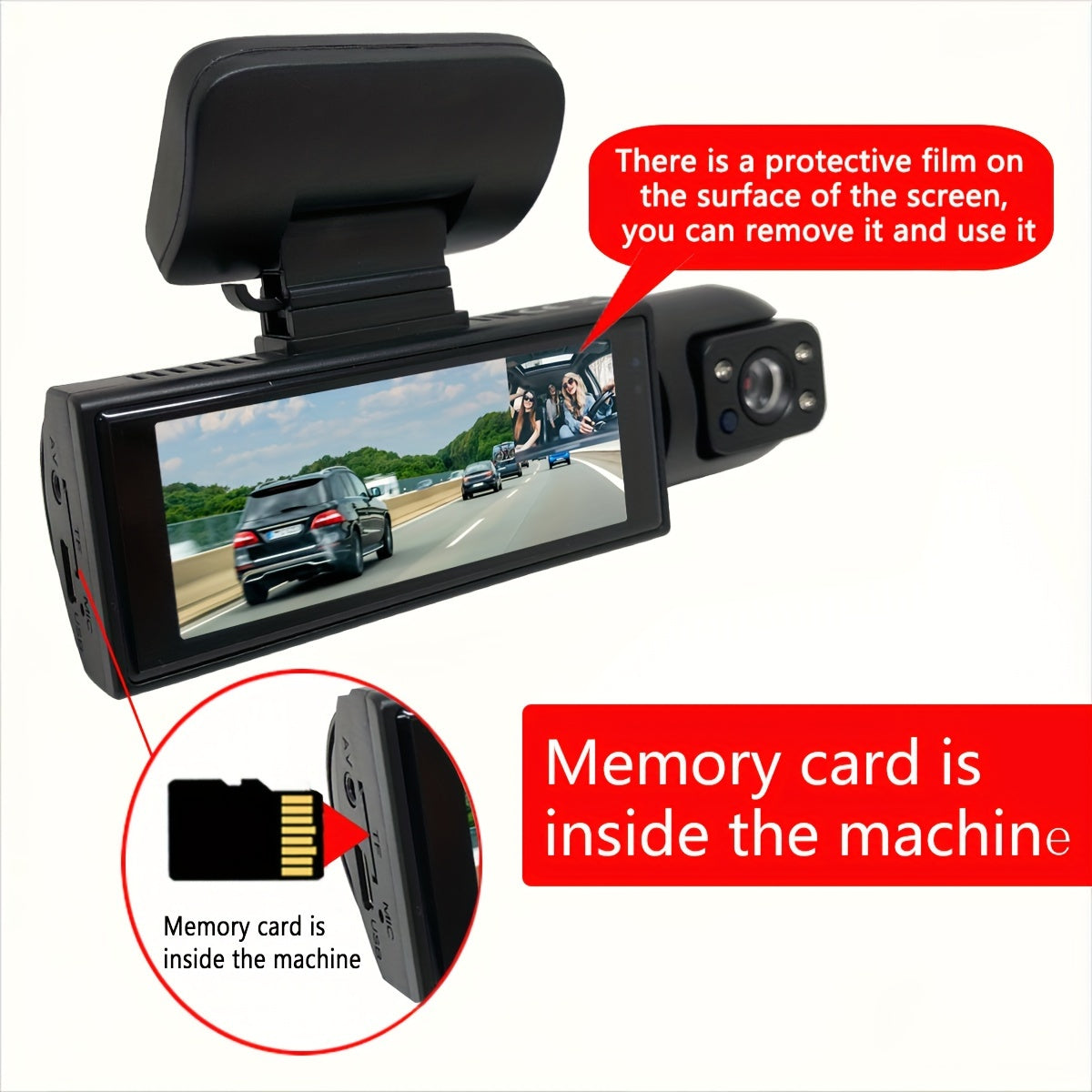 3.16-inch IPS screen dual-recording A9 driving recorder (front and inside the car, including 64G memory card)