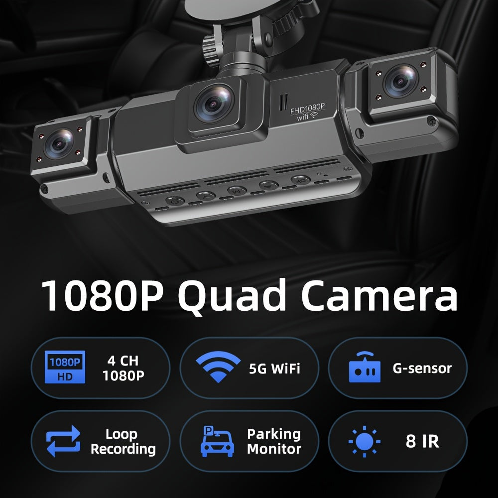 FOXGOD 4-Channel FHD 1080P Dash Cam with 5G WiFi, Super Night Vision, Parking Monitor, Loop Recording, G-Sensor - Supports 64GB Memory Card