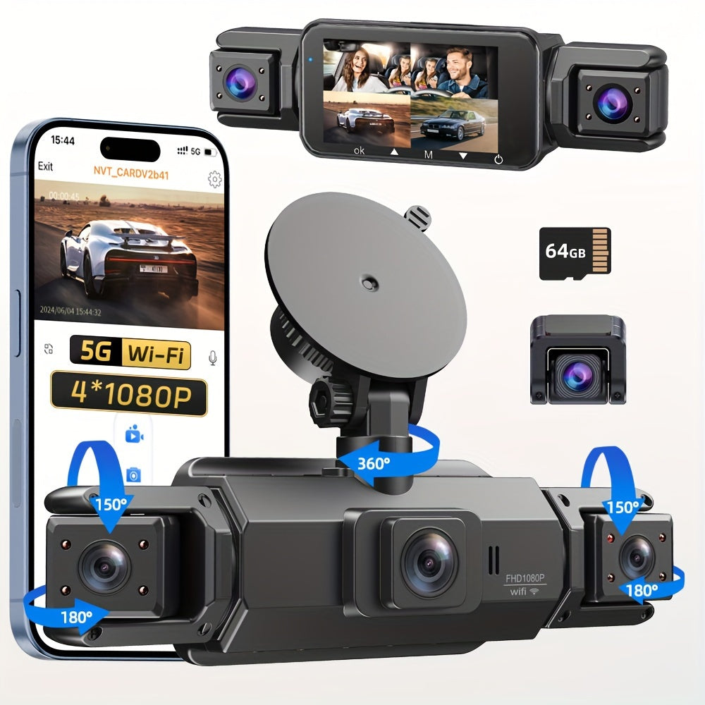 FOXGOD 4-Channel FHD 1080P Dash Cam with 5G WiFi, Super Night Vision, Parking Monitor, Loop Recording, G-Sensor - Supports 64GB Memory Card