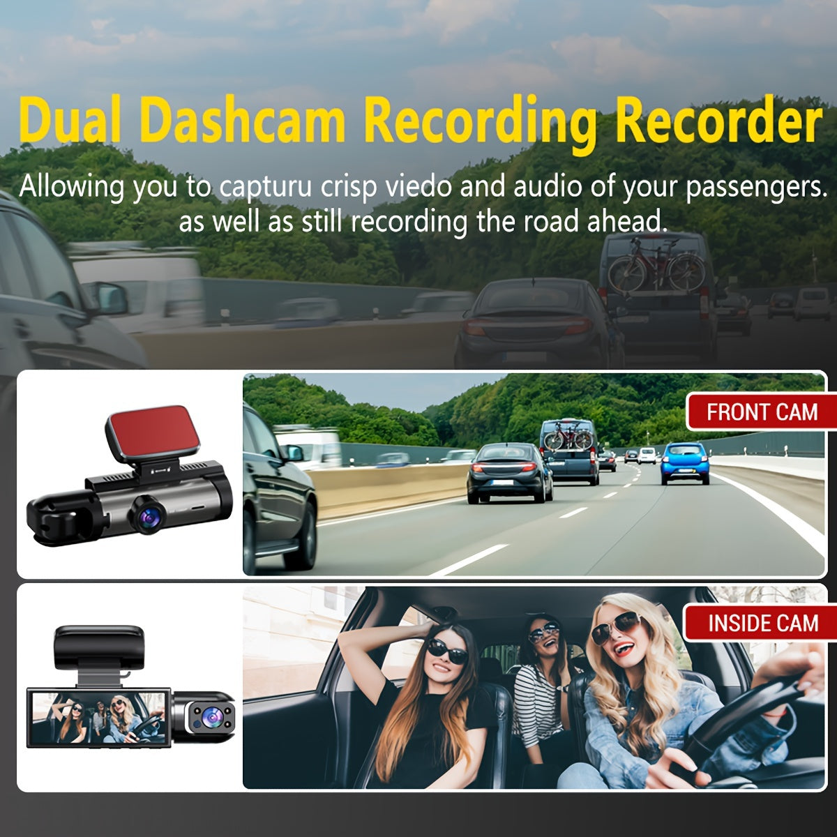 3.16-inch IPS screen dual-recording A9 driving recorder (front and inside the car, including 64G memory card)