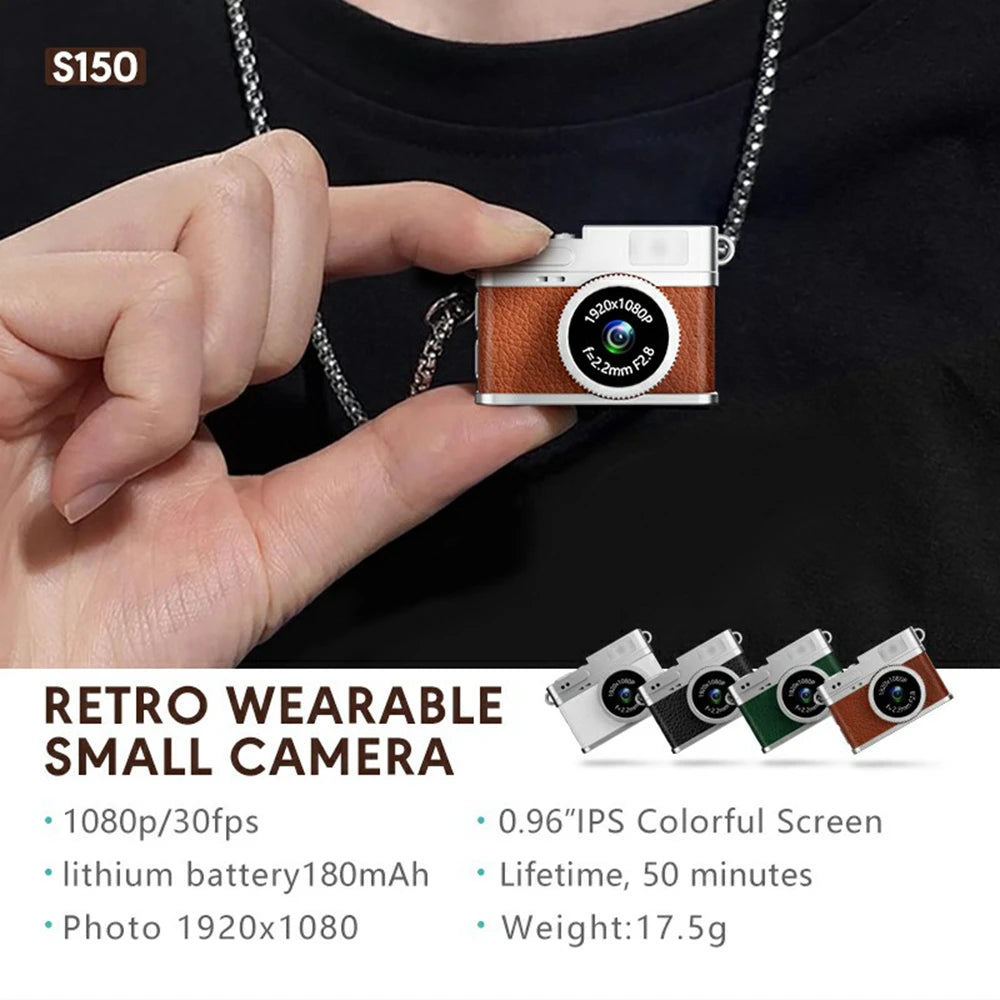 Mini Camera 0.96in Screen 1080P HD Outdoor Sports Portable Video Recorder Necklace Pendant Retro Digital Camera with 32GB Card