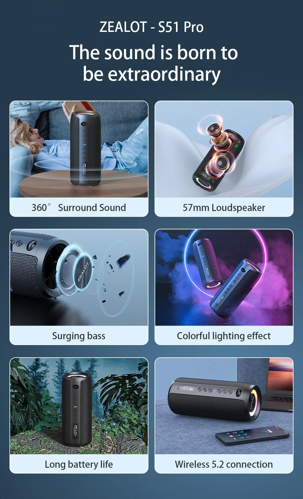 ZEALOT S51 Pro 40W Wireless Speakers, Outdoor Portable Subwoofer Speaker, Waterproof IPX 6,  Dual Pairing,5200mAh Battery.