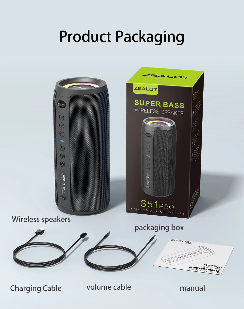 ZEALOT S51 Pro 40W Wireless Speakers, Outdoor Portable Subwoofer Speaker, Waterproof IPX 6,  Dual Pairing,5200mAh Battery.