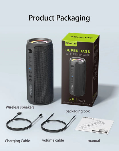 ZEALOT S51 Pro 40W Wireless Speakers, Outdoor Portable Subwoofer Speaker, Waterproof IPX 6,  Dual Pairing,5200mAh Battery.