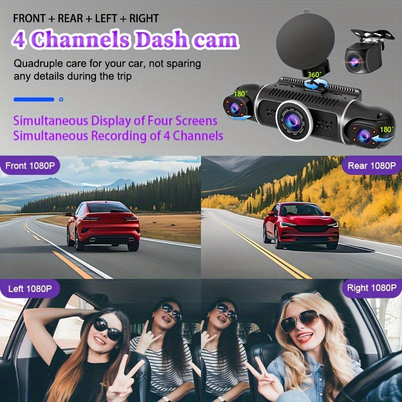 1pc 1080P W2 dash camera 4 channels 4 lens FHD 1080P of vehicle models Dash camera with 360 degree font left right rear camera with WIFI support parking monitor, night version, WDR, G-sensor, Loop recording, voice recording