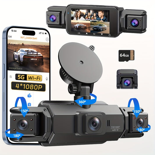 4-Channel FHD 1080P Dash Cam with 5G WiFi, Super Night Vision, Parking Monitor, Loop Recording, G-Sensor - Supports 64GB Memory Card